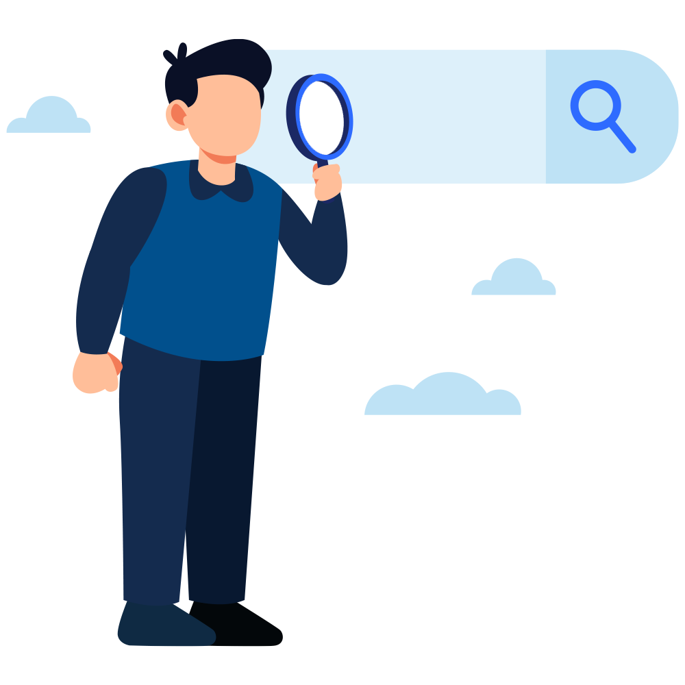 Illustration of a person examining a website's search visibility with a magnifying glass