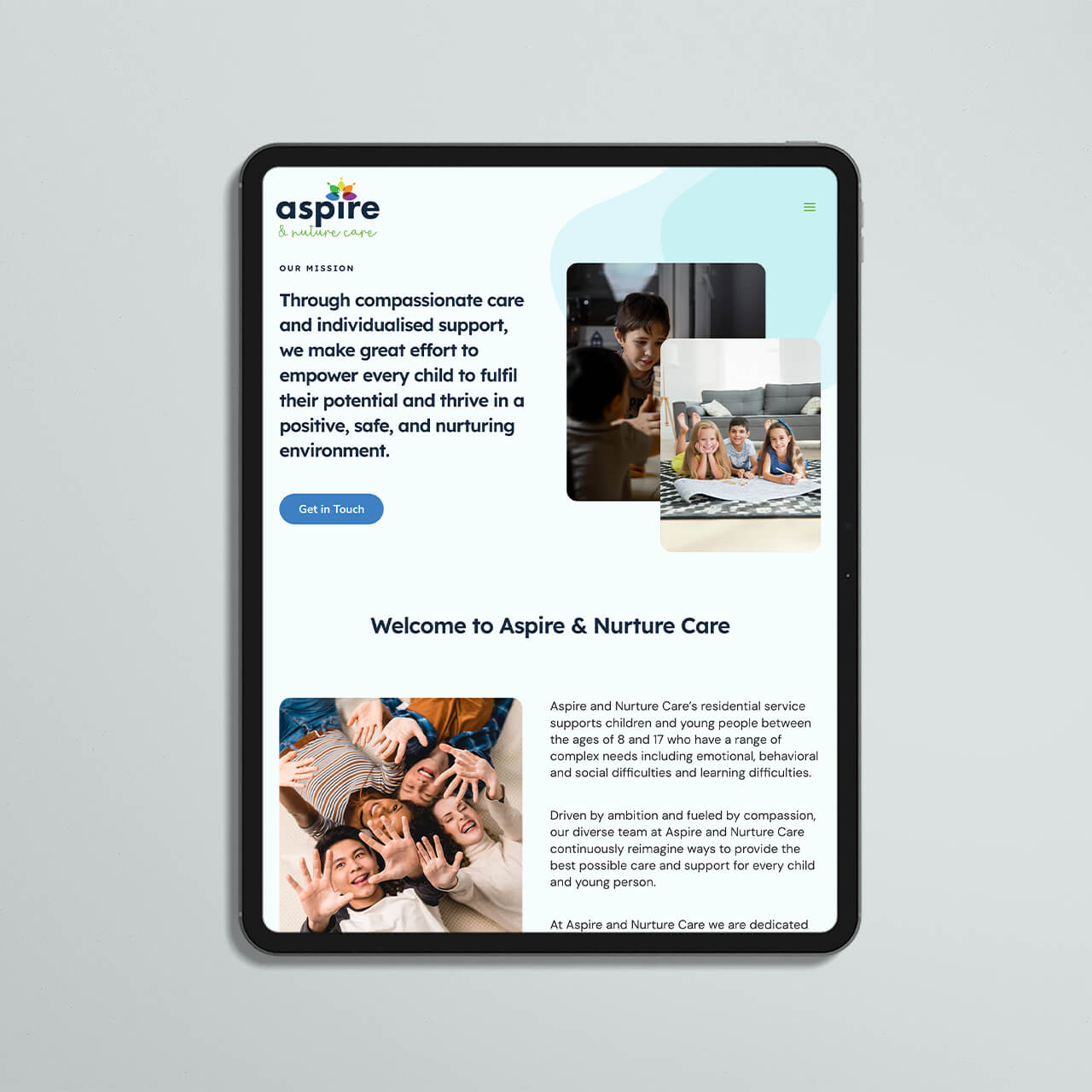 Aspire and Nurture Care website on a tablet showing the mission and Welcome to Aspire and Nurture Care section