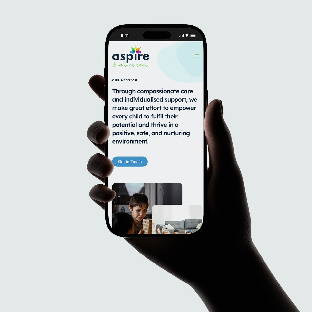 Aspire and Nurture Care mobile website with a Get in Touch button