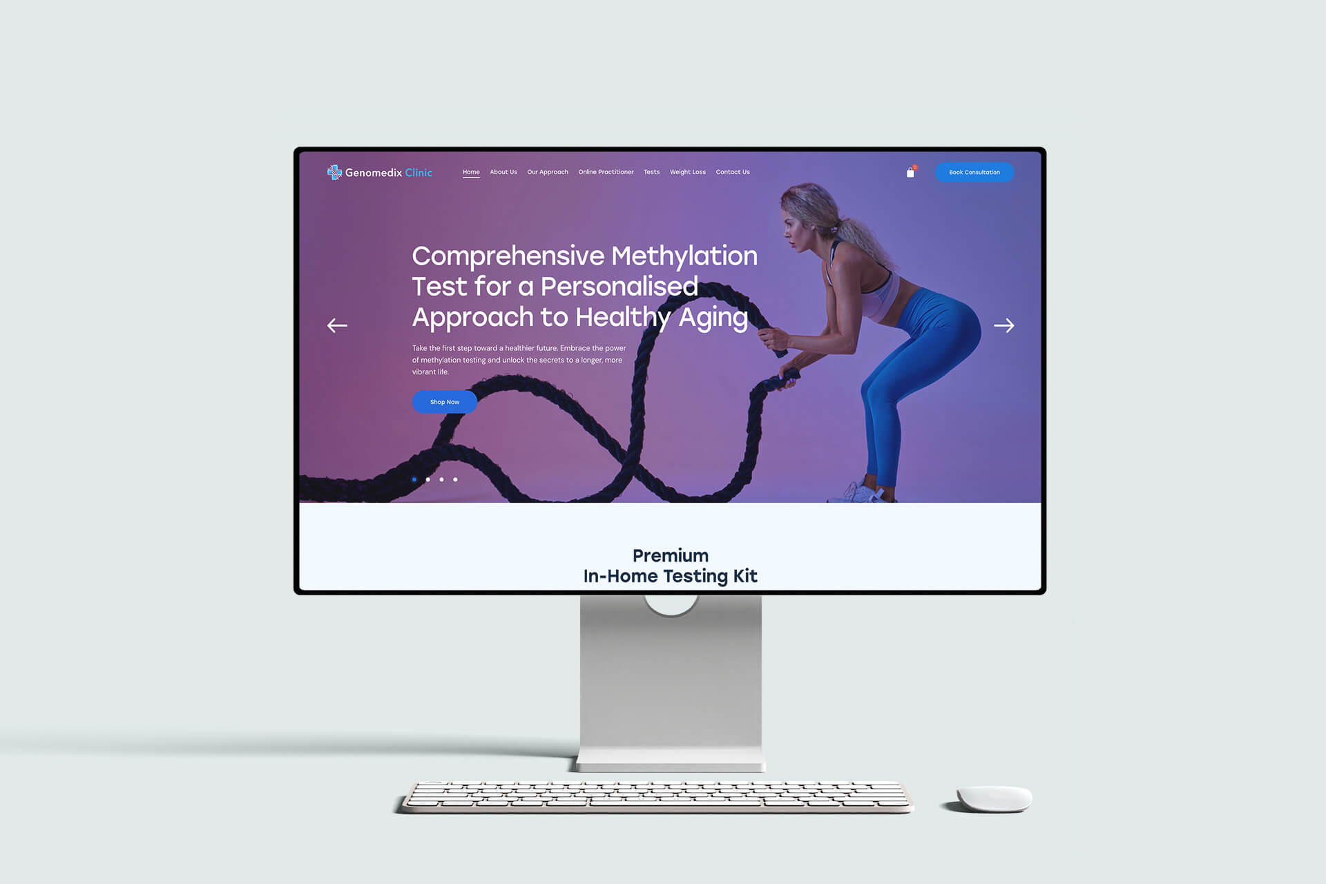 Genomedix Clinic homepage on a desktop screen showing the methylation test hero slide, website designed by Seven Branded