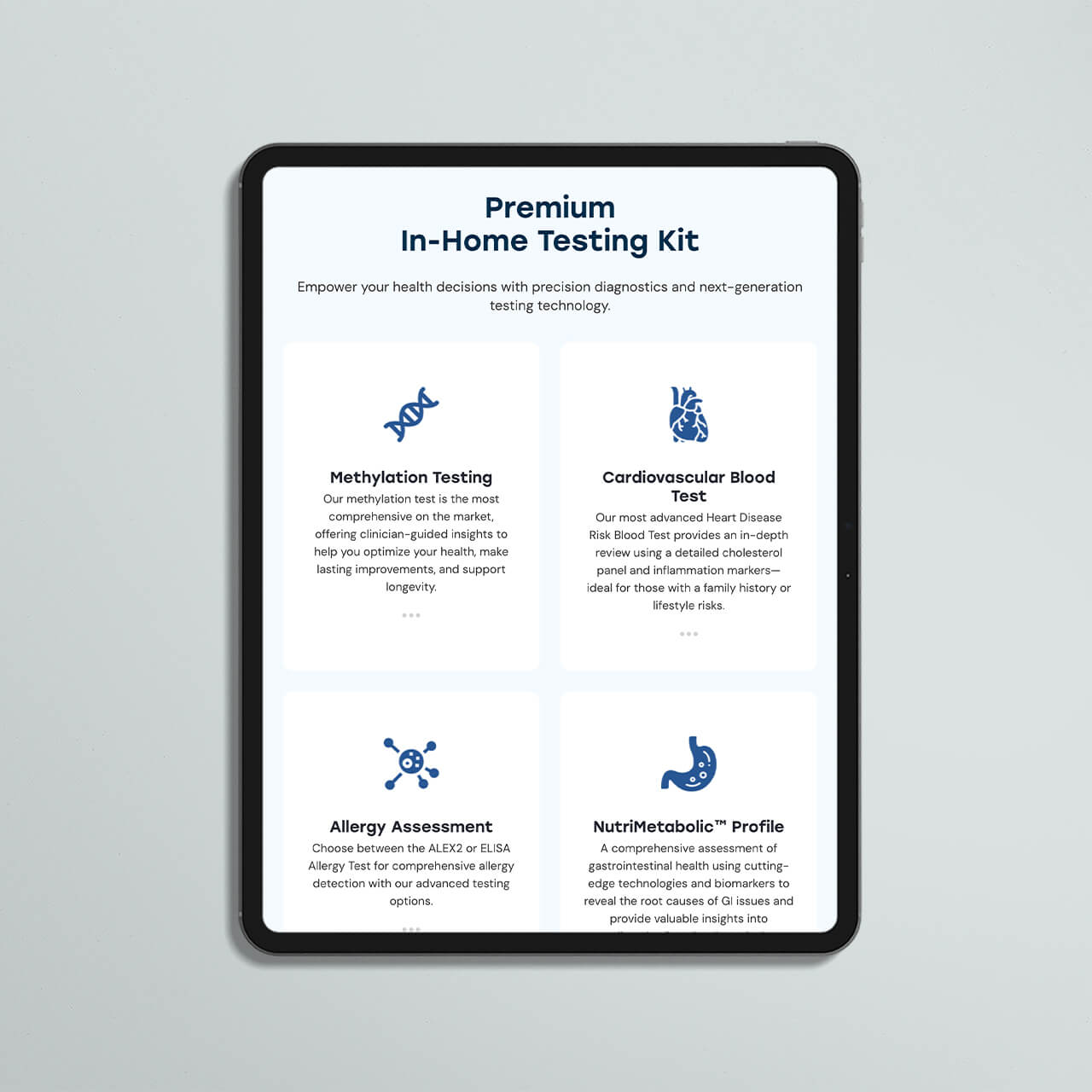 Genomedix Clinic website on a tablet showing their at home testing kits, from methylation to allergy tests
