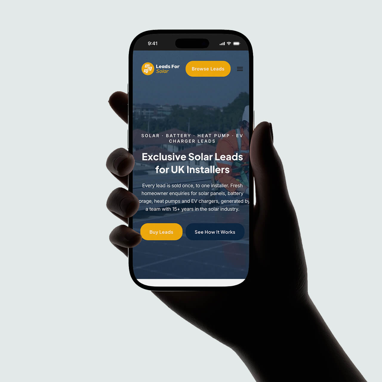 Leads for Solar mobile website with Buy Leads and See How It Works buttons