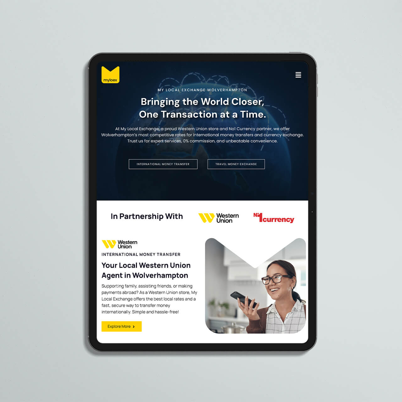 My Local Exchange website on a tablet showing the Western Union money transfer section