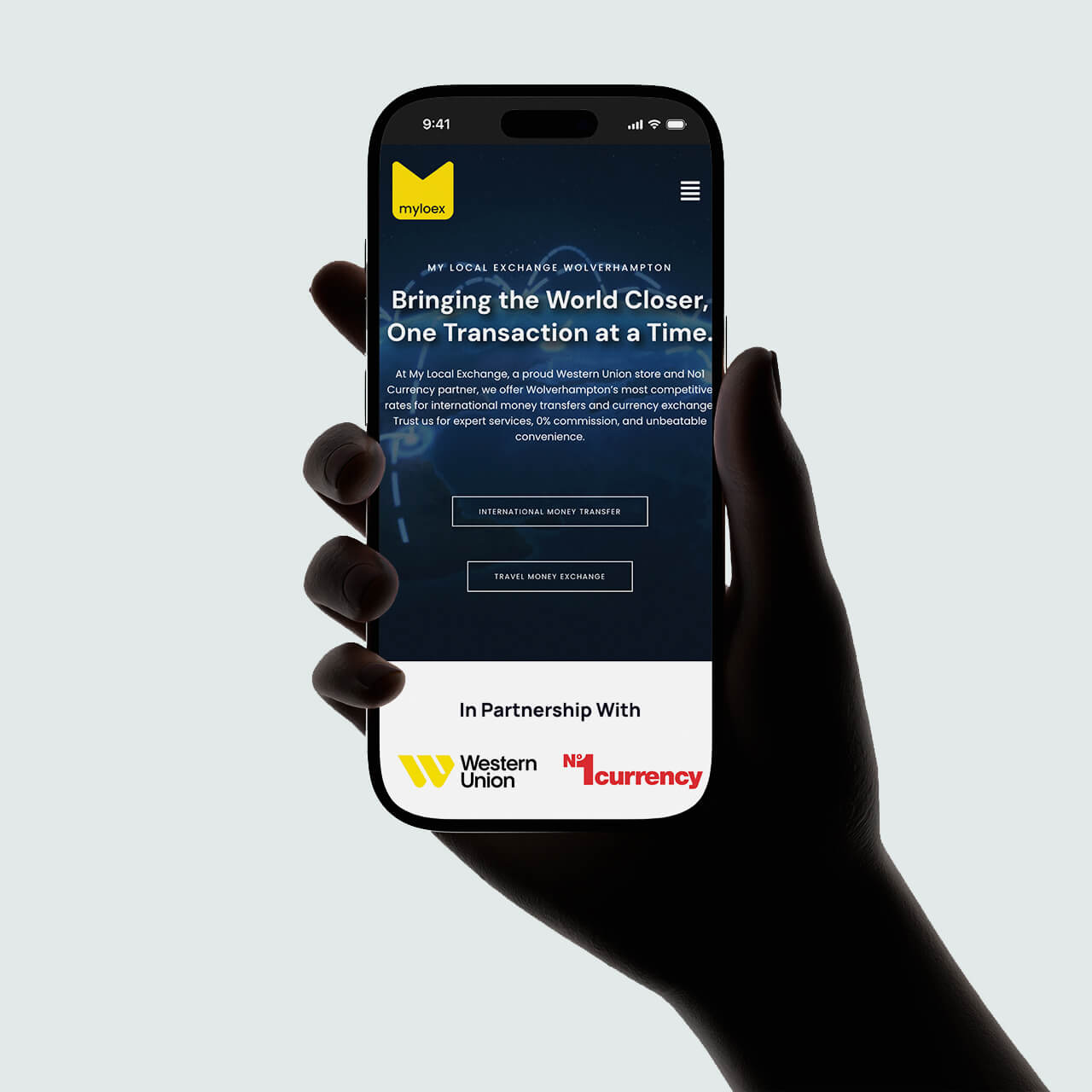 My Local Exchange mobile website with International Money Transfer and Travel Money Exchange buttons