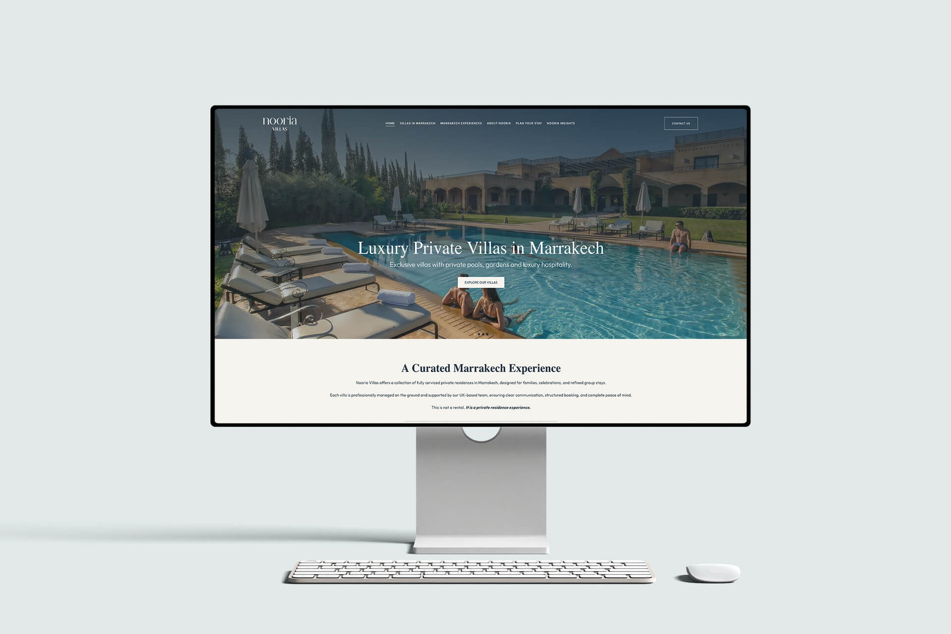 Nooria Villas homepage on a desktop screen showing a luxury private villa pool in Marrakech, website designed by Seven Branded