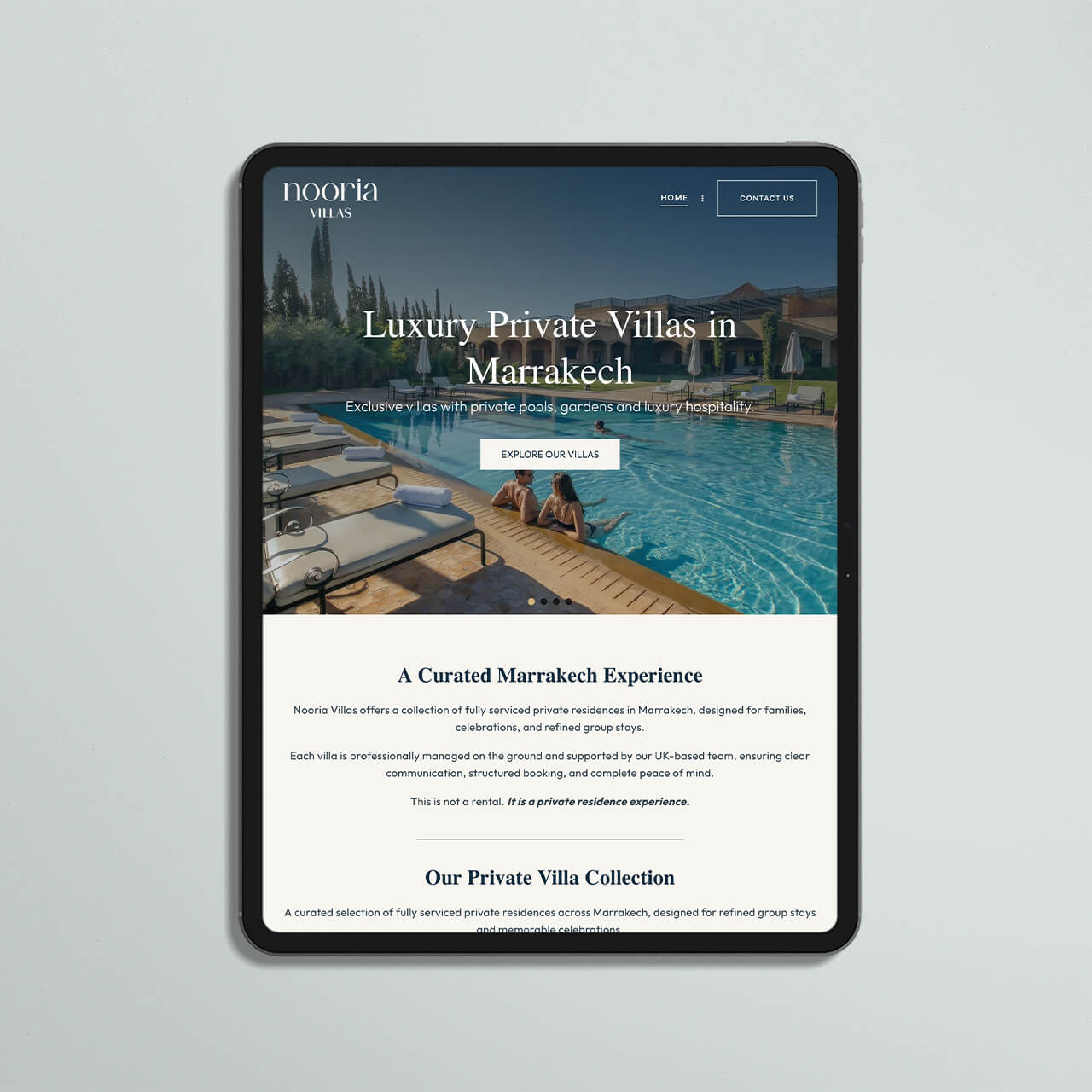 Nooria Villas website on a tablet showing the Luxury Private Villas in Marrakech hero and introduction