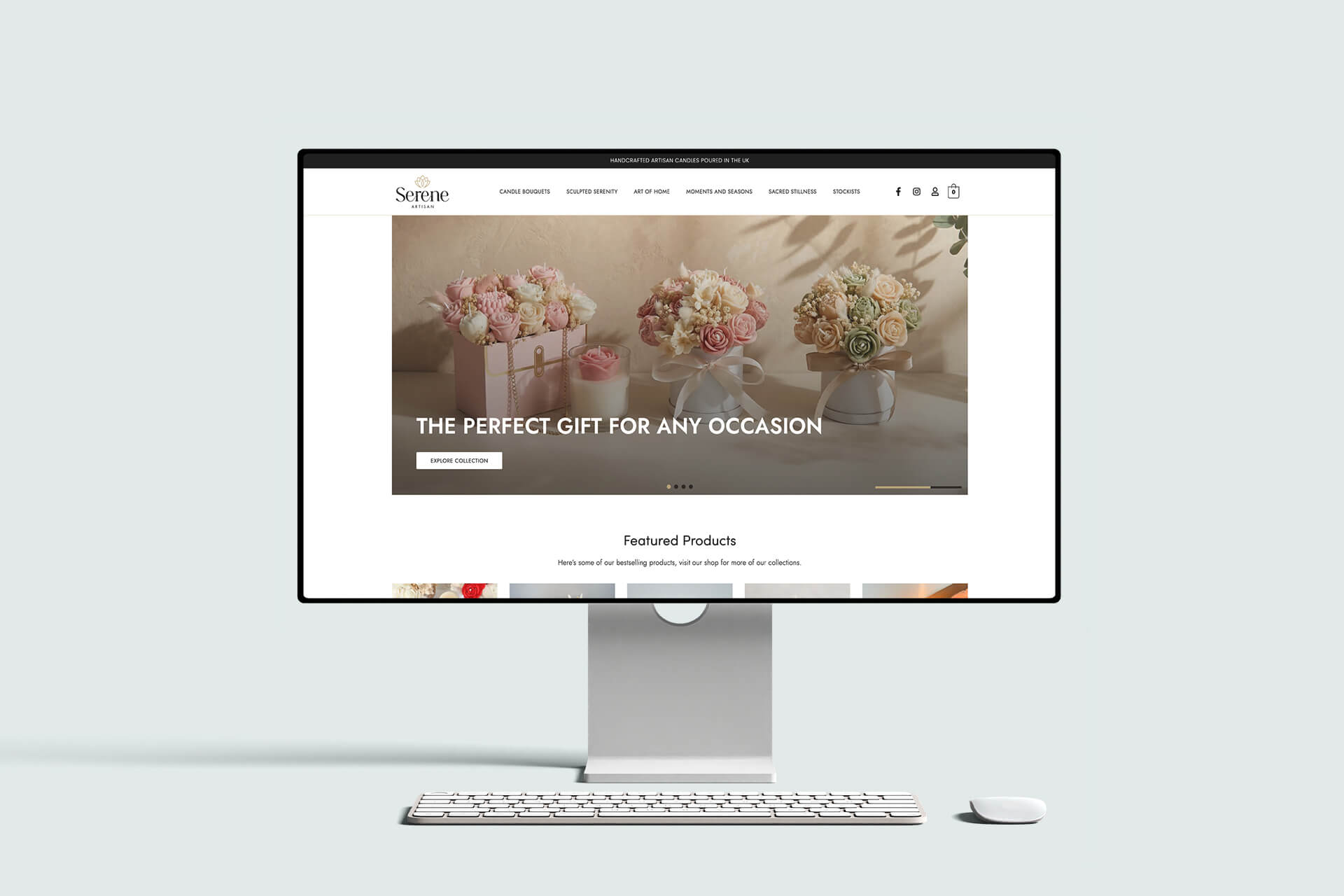 Serene Artisan candle shop homepage on a desktop screen, The Perfect Gift for Any Occasion, designed by Seven Branded