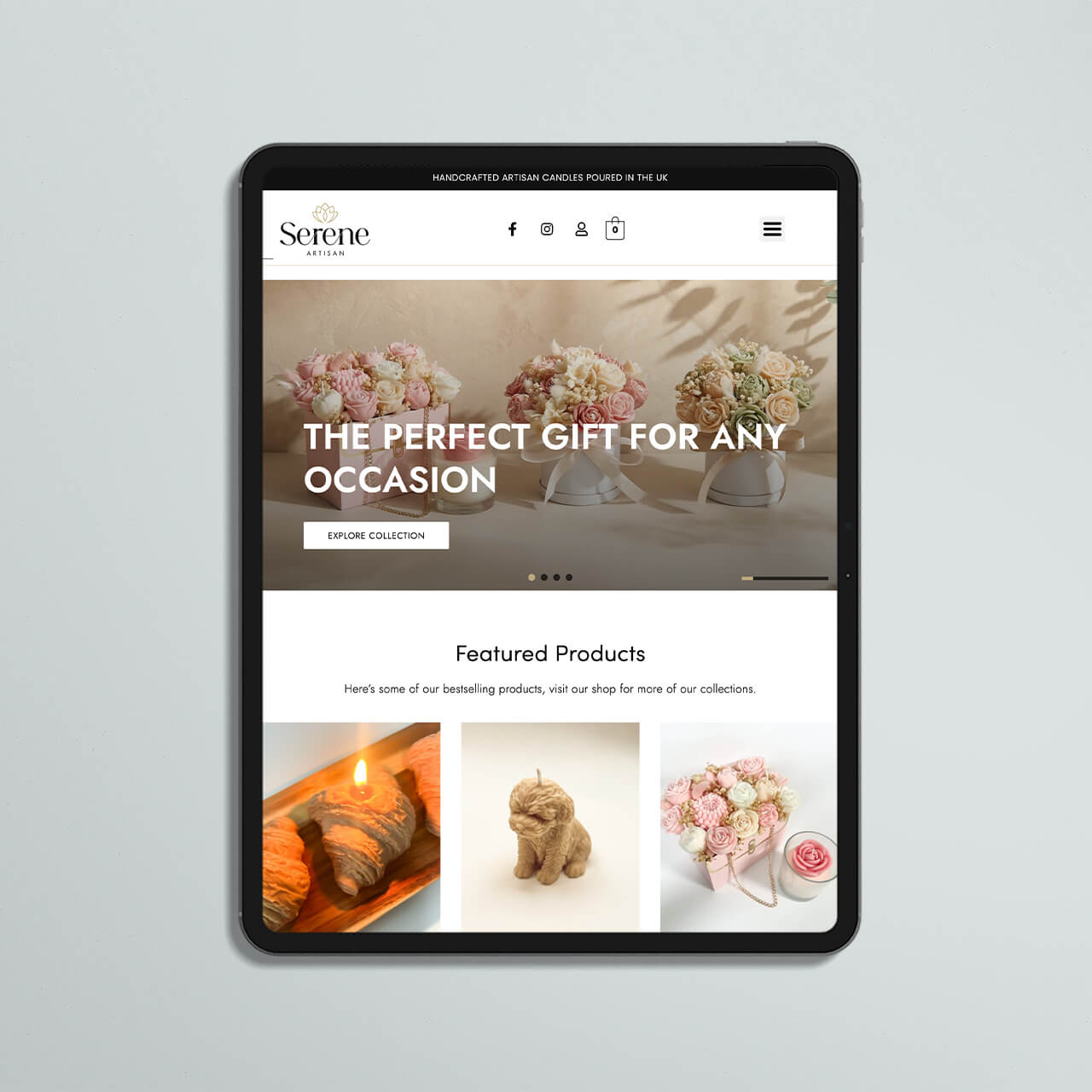 Serene Artisan website on a tablet showing the candle bouquet hero and featured handmade candles