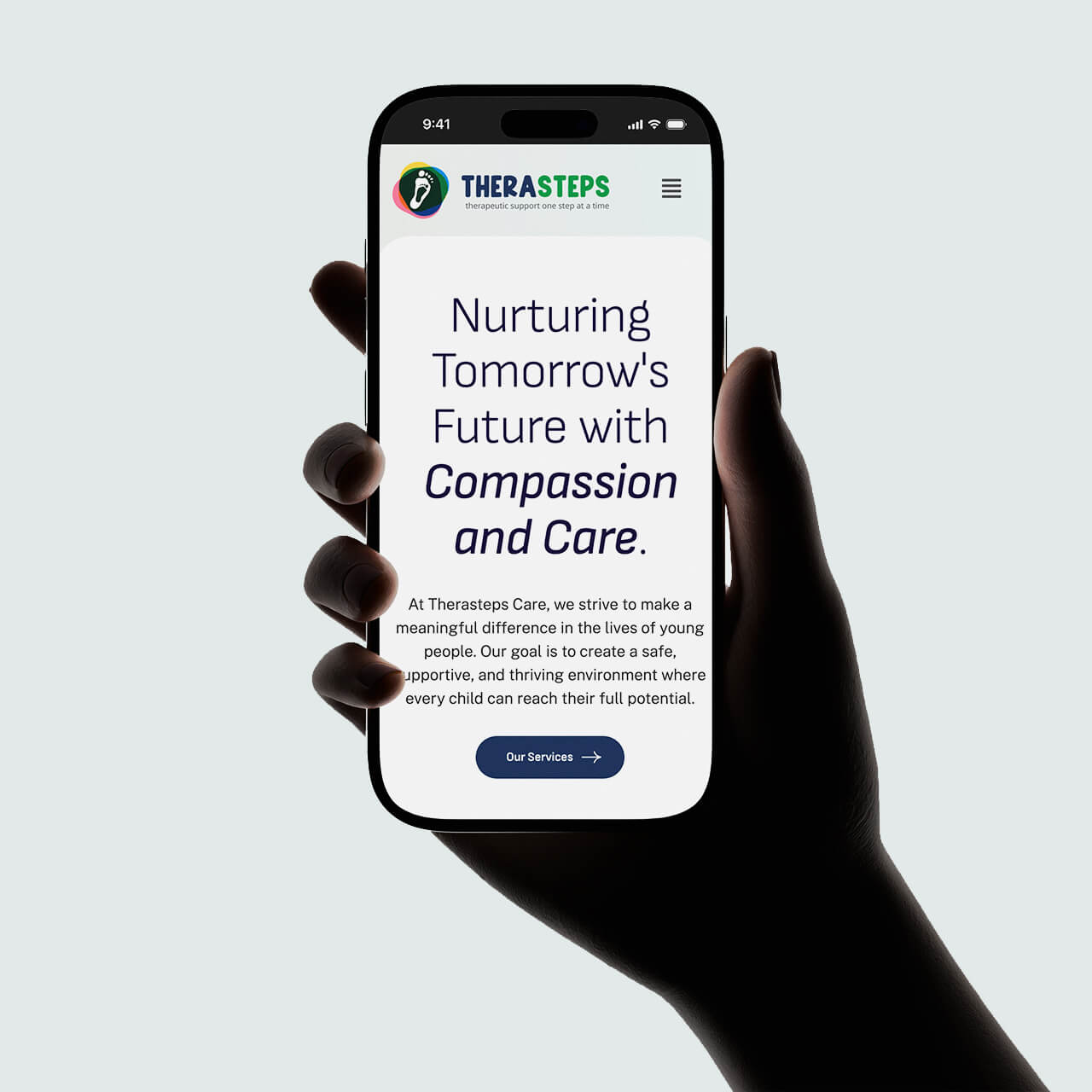 Therasteps Care mobile website with an Our Services button