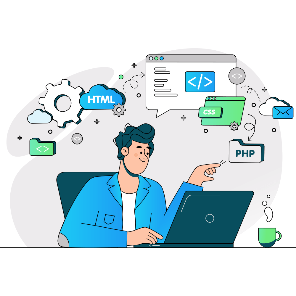 Illustration of a web developer maintaining website code, representing ongoing hosting and maintenance support